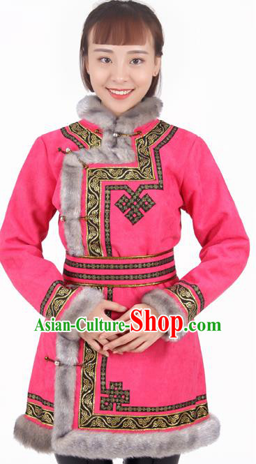 Chinese Traditional Mongolian Ethnic Pink Suede Fabric Coat Mongol Nationality Folk Dance Costumes for Women