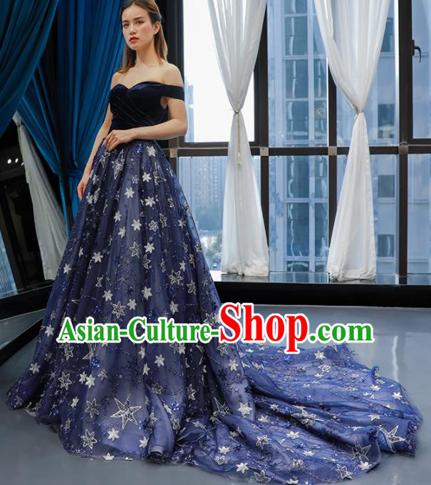 Top Grade Compere Navy Veil Full Dress Princess Embroidered Wedding Dress Costume for Women