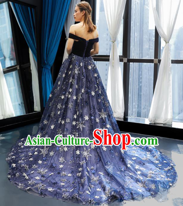 Top Grade Compere Navy Veil Full Dress Princess Embroidered Wedding Dress Costume for Women