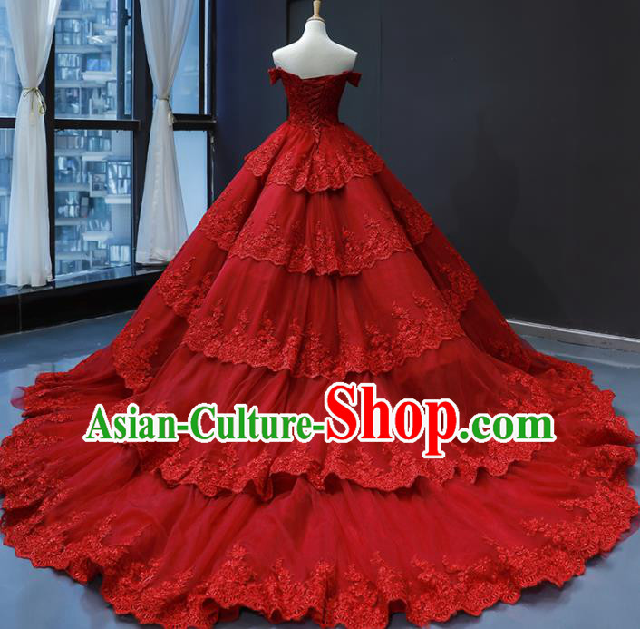 Top Grade Compere Red Lace Full Dress Princess Embroidered Wedding Dress Costume for Women