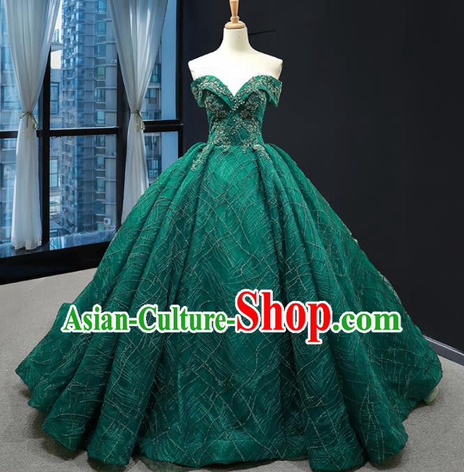 Top Grade Compere Green Flat Shouders Full Dress Princess Wedding Dress Costume for Women