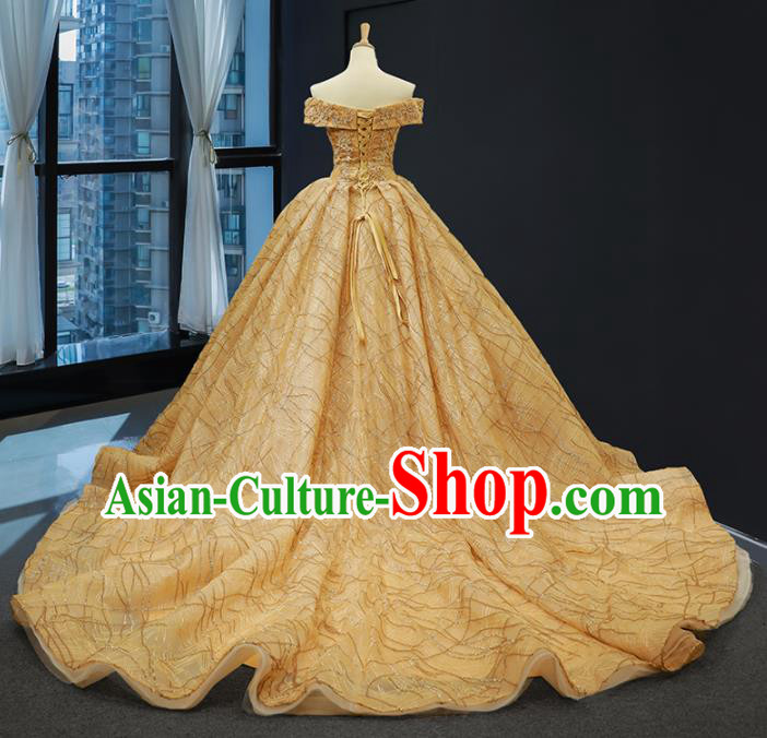 Top Grade Compere Golden Flat Shouders Full Dress Princess Wedding Dress Costume for Women