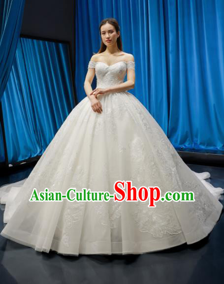 Top Grade Flat Shouders Trailing Wedding Dress Bride Full Dress Princess Costume White Veil Gown for Women