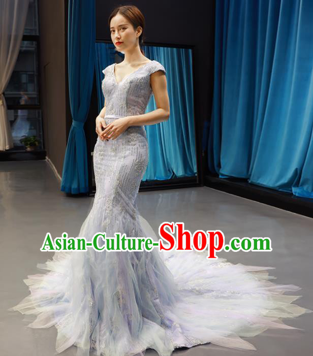 Top Grade Compere Light Blue Trailing Full Dress Princess Wedding Dress Costume for Women
