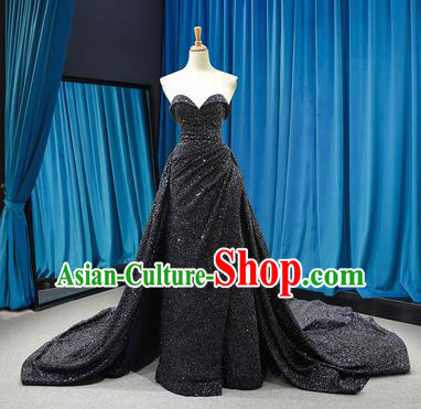 Top Grade Compere Strapless Full Dress Princess Black Paillette Trailing Wedding Dress Costume for Women