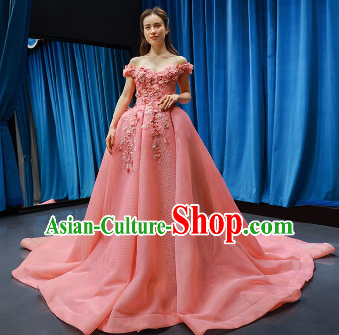 Top Grade Compere Full Dress Princess Pink Veil Trailing Wedding Dress Costume for Women