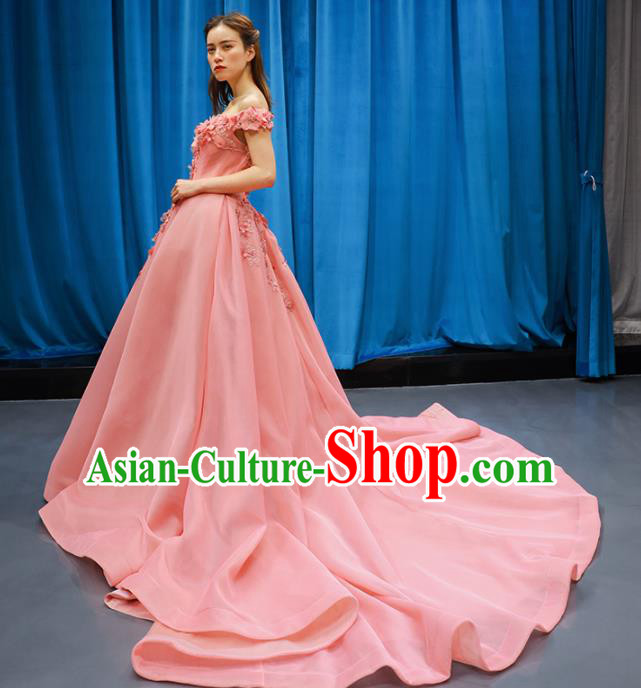 Top Grade Compere Full Dress Princess Pink Veil Trailing Wedding Dress Costume for Women