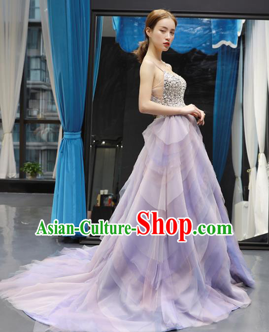 Top Grade Compere Purple Veil Full Dress Princess Trailing Wedding Dress Costume for Women