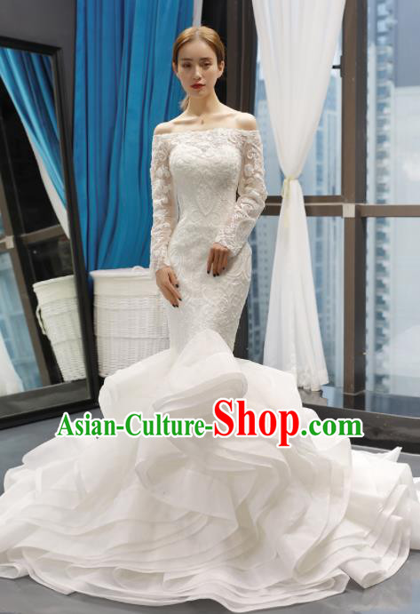 Top Grade Trailing Wedding Gown Bride Costume White Veil Full Dress Princess Dress for Women