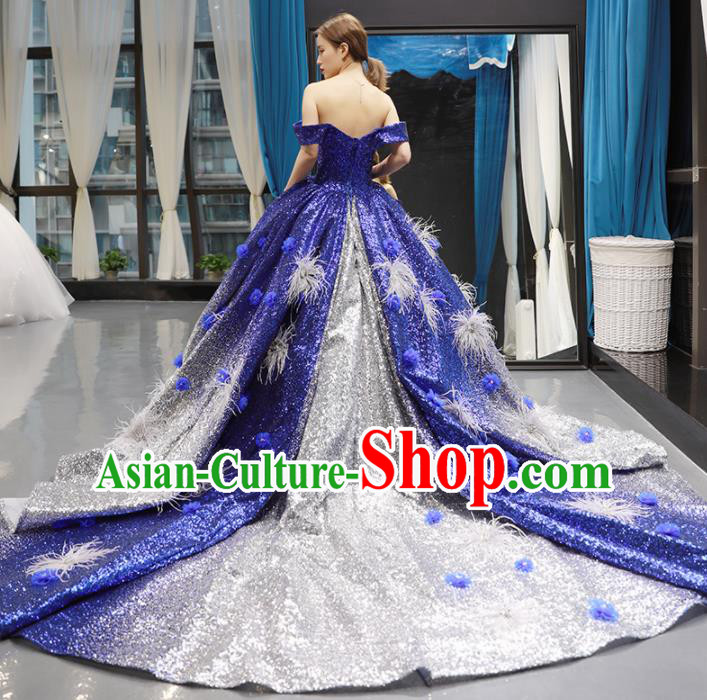 Top Grade Compere Royalblue Trailing Full Dress Princess Bubble Wedding Dress Costume for Women