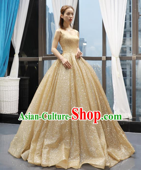 Top Grade Compere Golden Bubble Full Dress Princess Trailing Wedding Dress Costume for Women