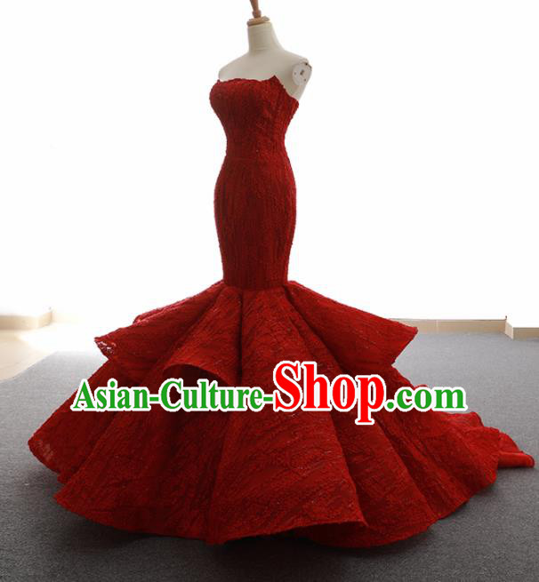 Top Grade Compere Fishtail Full Dress Princess Red Lace Wedding Dress Costume for Women