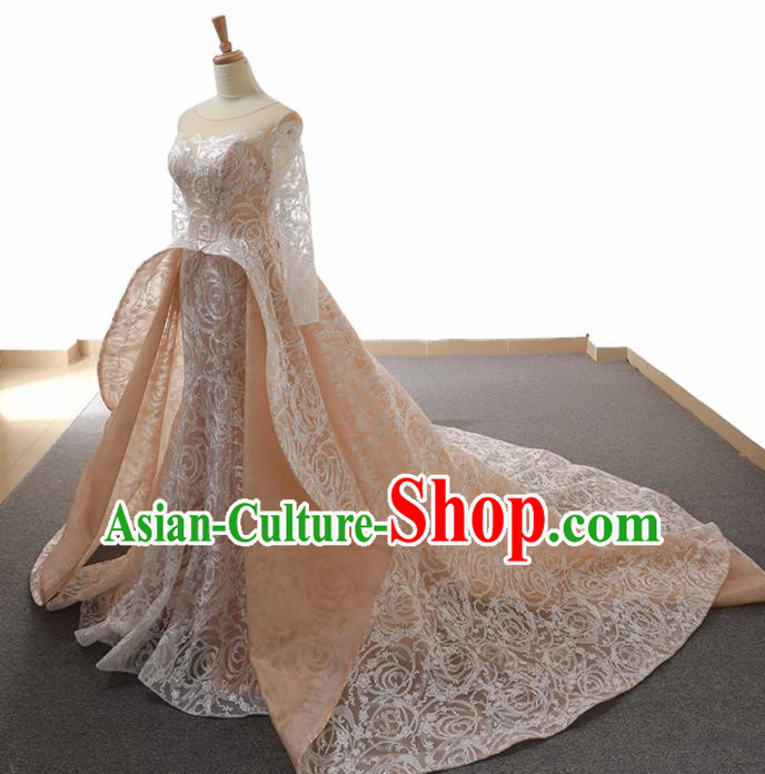 Top Grade Compere Trailing Full Dress Princess Pink Lace Wedding Dress Costume for Women