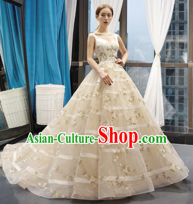 Top Grade Compere Beige Trailing Full Dress Princess Embroidered Wedding Dress Costume for Women
