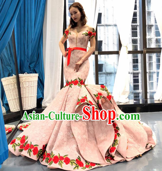 Top Grade Compere Trailing Full Dress Princess Pink Fishtail Wedding Dress Costume for Women