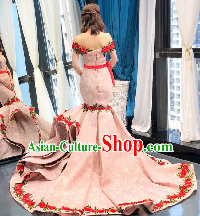 Top Grade Compere Trailing Full Dress Princess Pink Fishtail Wedding Dress Costume for Women