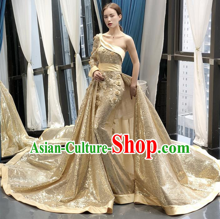 Top Grade Compere Trailing Full Dress Princess Golden Wedding Dress Costume for Women