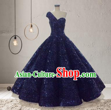 Top Grade Compere Royalblue Veil Paillette Full Dress Princess Embroidered Wedding Dress Costume for Women