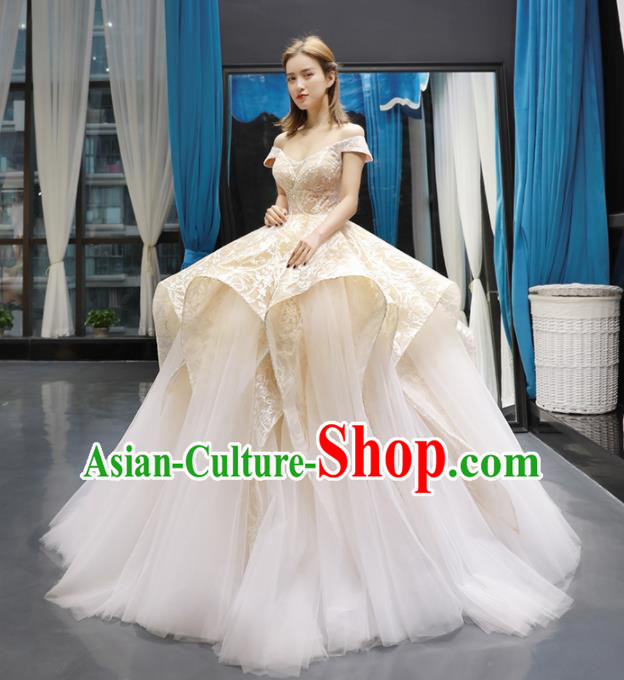 Top Grade Champagne Wedding Gown Bride Costume Veil Trailing Full Dress Princess Dress for Women