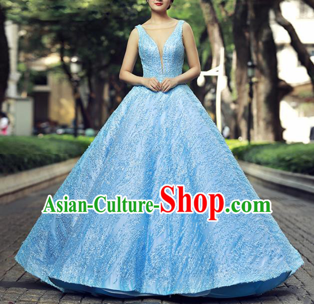 Top Grade Compere Blue Paillette Bubble Full Dress Princess Embroidered Wedding Dress Costume for Women