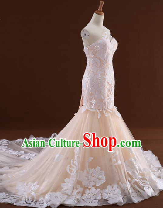 Top Grade Compere Champagne Veil Trailing Full Dress Princess Embroidered Lace Wedding Dress Costume for Women