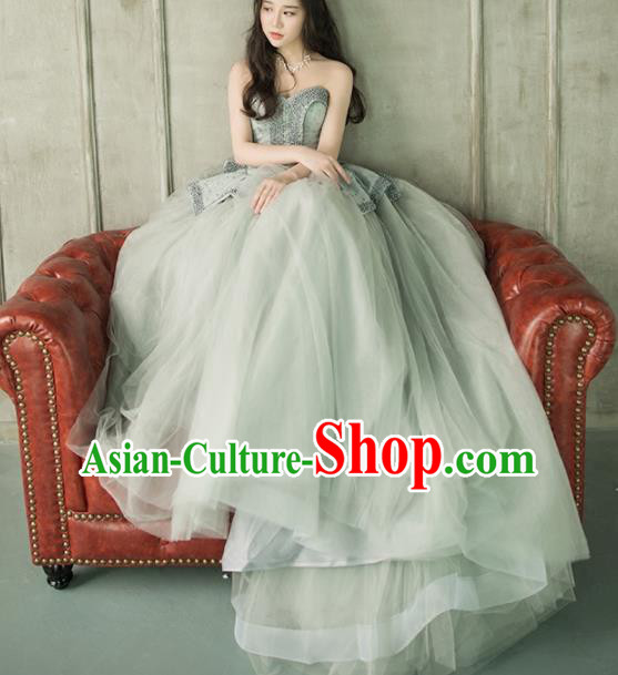 Top Grade Compere Green Veil Trailing Full Dress Princess Embroidered Wedding Dress Costume for Women