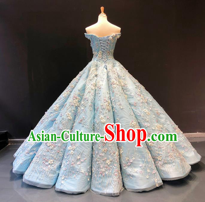 Top Grade Compere Blue Bubble Embroidered Full Dress Princess Wedding Dress Costume for Women