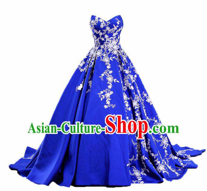 Top Grade Compere Royalblue Trailing Full Dress Princess Embroidered Wedding Dress Costume for Women