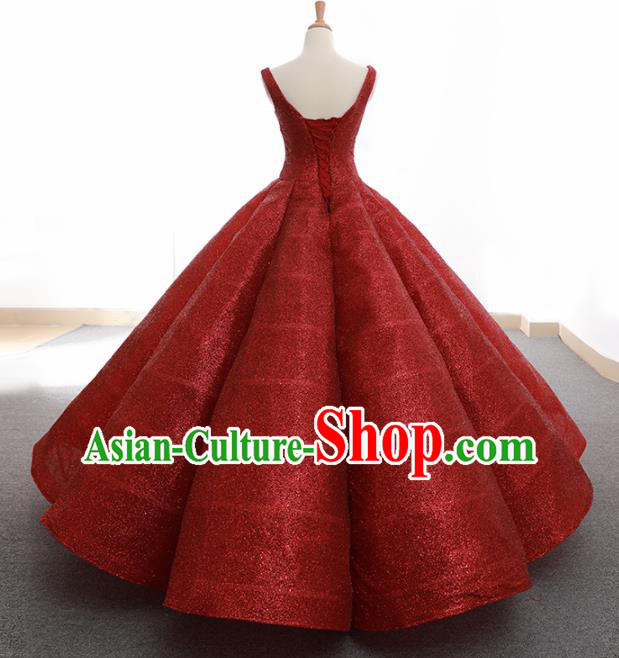 Top Grade Compere Wine Red Veil Bubble Full Dress Princess Embroidered Wedding Dress Costume for Women