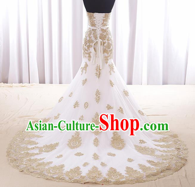Top Grade Wedding Gown Bride Costume White Veil Fishtail Full Dress Princess Dress for Women