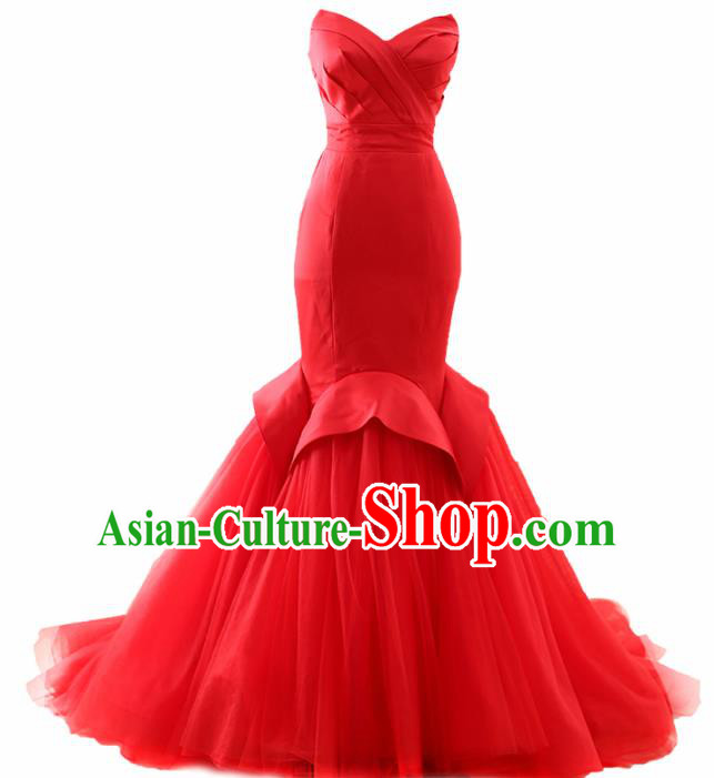 Top Grade Compere Red Veil Fishtail Trailing Full Dress Princess Embroidered Wedding Dress Costume for Women