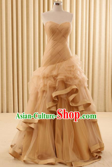 Top Grade Compere Champagne Veil Full Dress Princess Embroidered Wedding Dress Costume for Women
