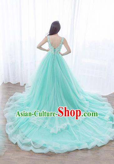 Top Grade Compere Full Dress Princess Green Veil Wedding Dress Costume for Women