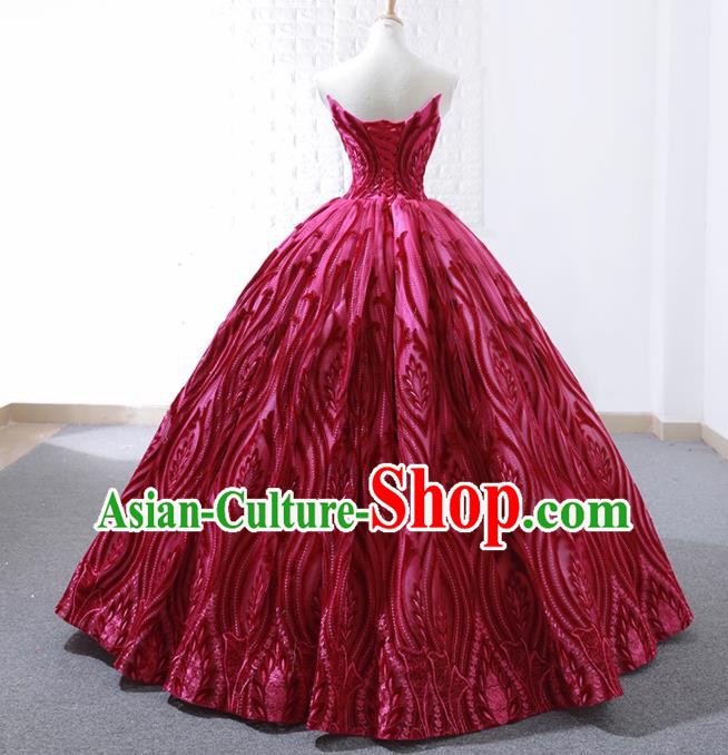 Top Grade Compere Wine Red Bubble Embroidered Full Dress Princess Wedding Dress Costume for Women