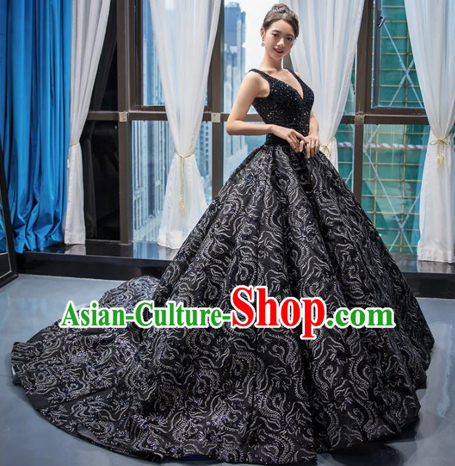 Top Grade Compere Embroidered Navy Full Dress Princess Trailing Wedding Dress Costume for Women