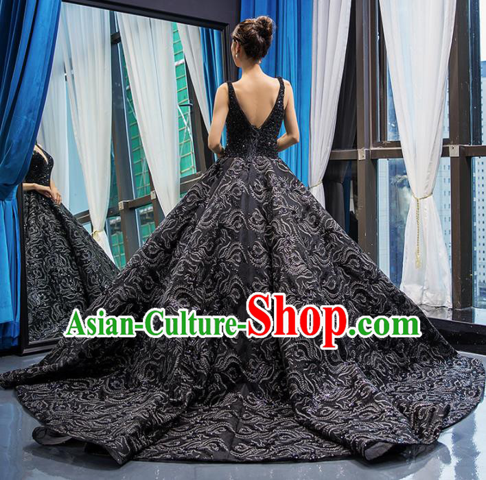 Top Grade Compere Embroidered Navy Full Dress Princess Trailing Wedding Dress Costume for Women