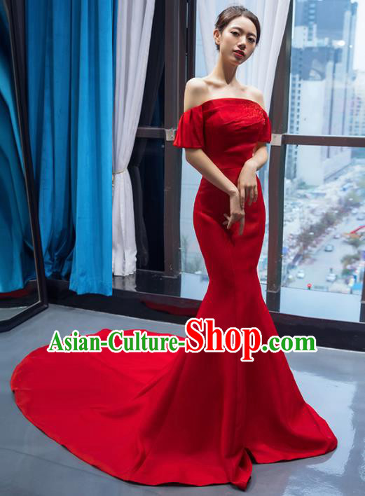 Top Grade Compere Red Full Dress Princess Trailing Wedding Dress Costume for Women