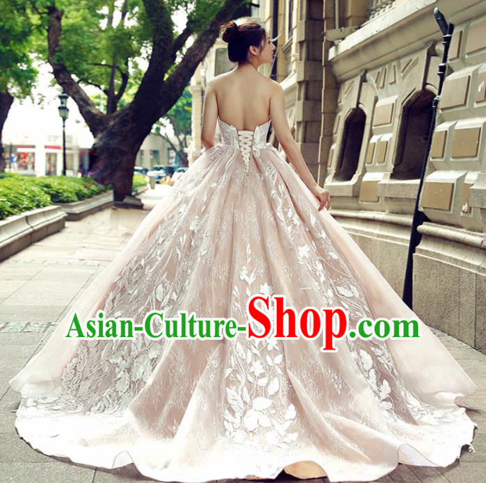 Top Grade Compere Champagne Veil Trailing Full Dress Princess Embroidered Wedding Dress Costume for Women