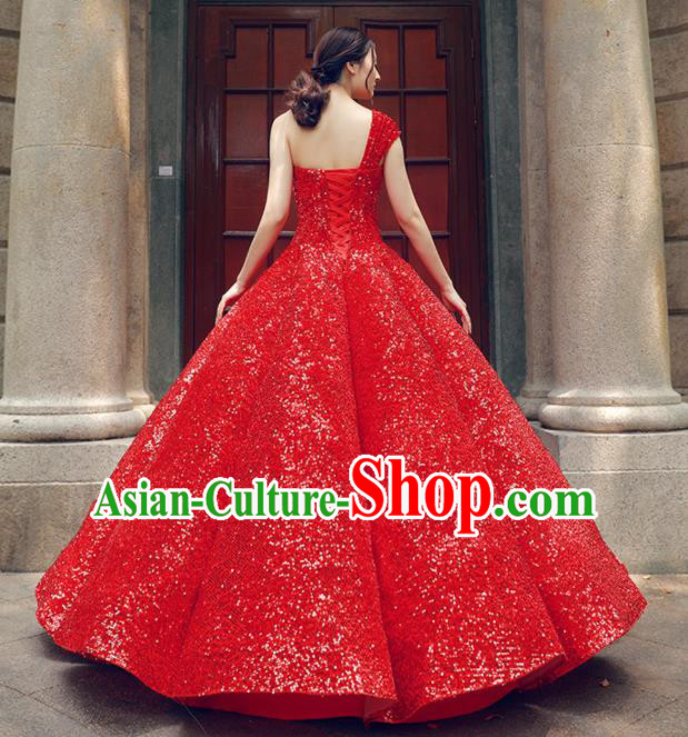 Top Grade Compere Red Veil Paillette Full Dress Princess Embroidered Wedding Dress Costume for Women