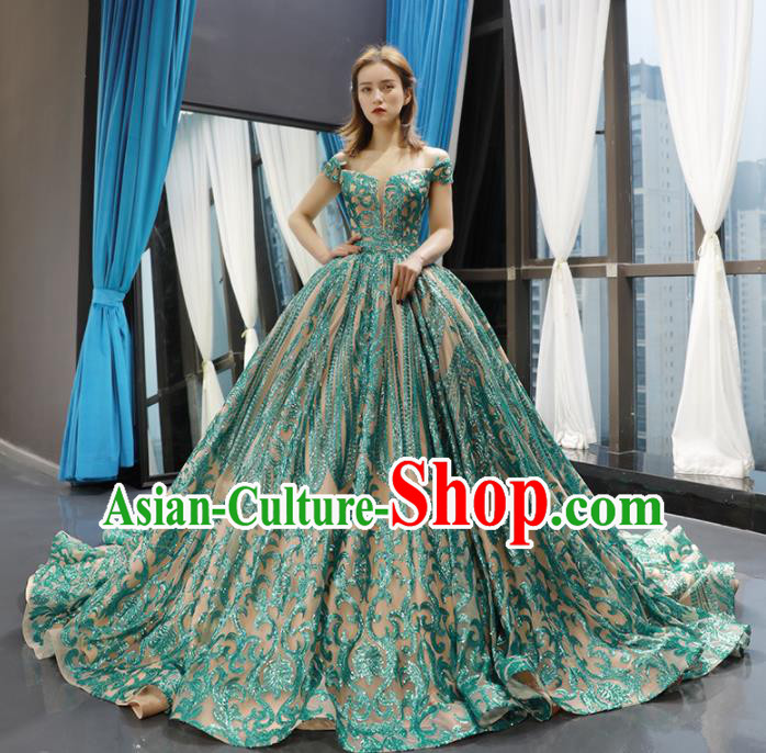 Top Grade Compere Green Trailing Full Dress Princess Bubble Wedding Dress Costume for Women