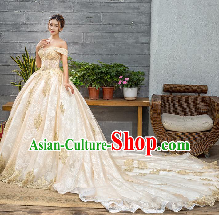 Top Grade Wedding Gown Bride Costume Golden Veil Trailing Full Dress Princess Dress for Women