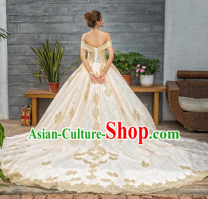 Top Grade Wedding Gown Bride Costume Golden Veil Trailing Full Dress Princess Dress for Women