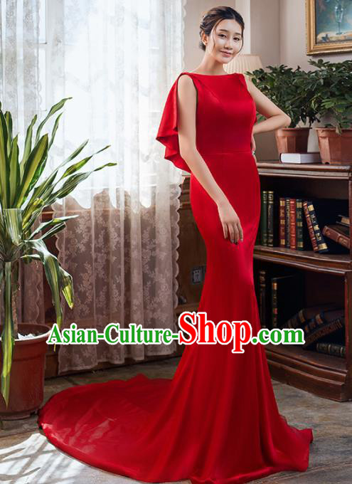 Top Grade Compere Red Satin Fishtail Full Dress Princess Wedding Dress Costume for Women