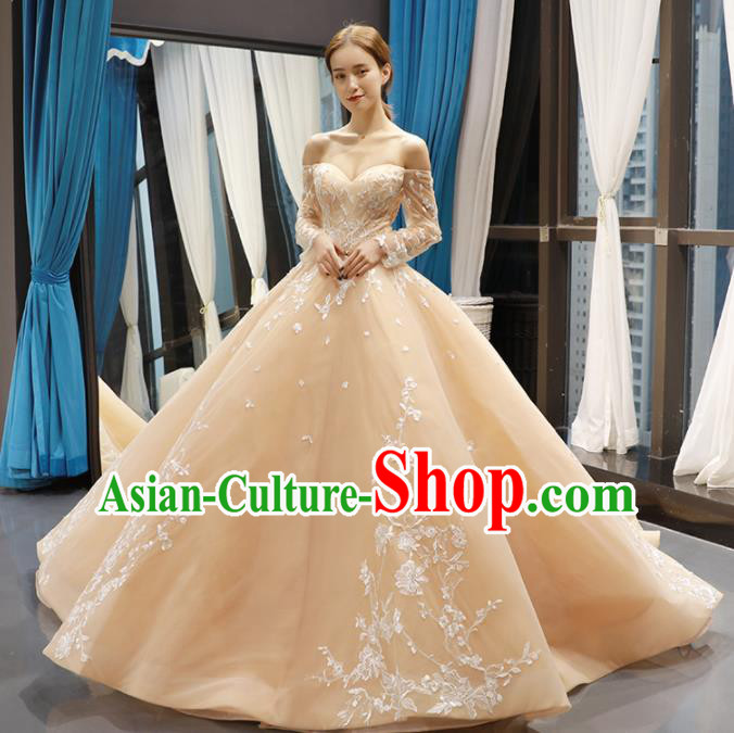 Top Grade Compere Champagne Bubble Full Dress Princess Trailing Wedding Dress Costume for Women