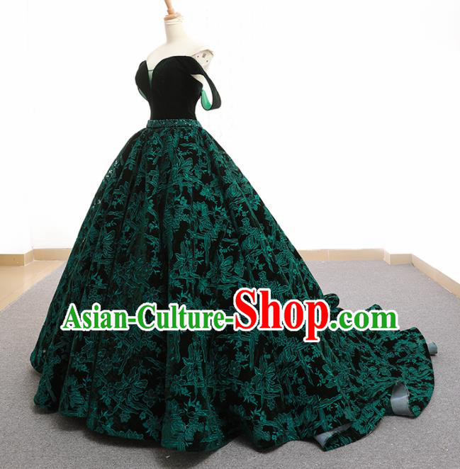 Top Grade Compere Green Embroidered Full Dress Princess Trailing Wedding Dress Costume for Women