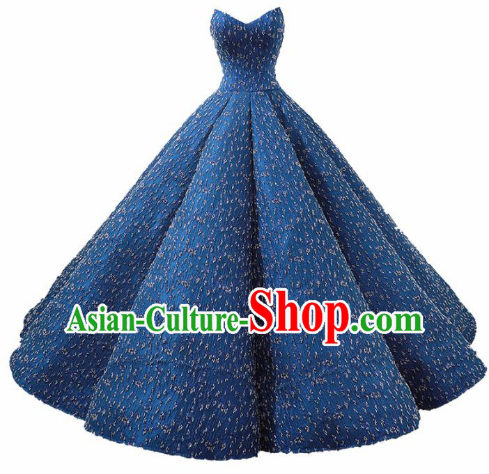 Top Grade Compere Embroidered Blue Strapless Full Dress Princess Wedding Dress Costume for Women
