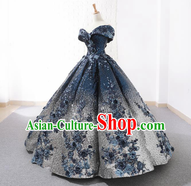 Top Grade Compere Embroidered Royalblue Paillette Full Dress Princess Bubble Wedding Dress Costume for Women