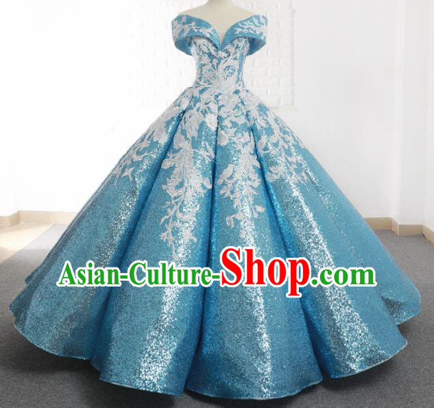 Top Grade Compere Light Blue Paillette Full Dress Princess Embroidered Bubble Wedding Dress Costume for Women