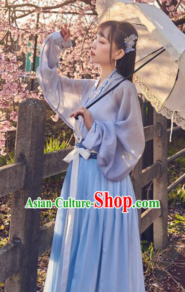 Chinese Traditional Blue Hanfu Dress Ancient Tang Dynasty Court Princess Embroidered Costume for Women
