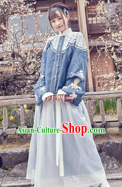 Chinese Traditional Blue Hanfu Dress Ancient Ming Dynasty Nobility Lady Embroidered Costume for Women